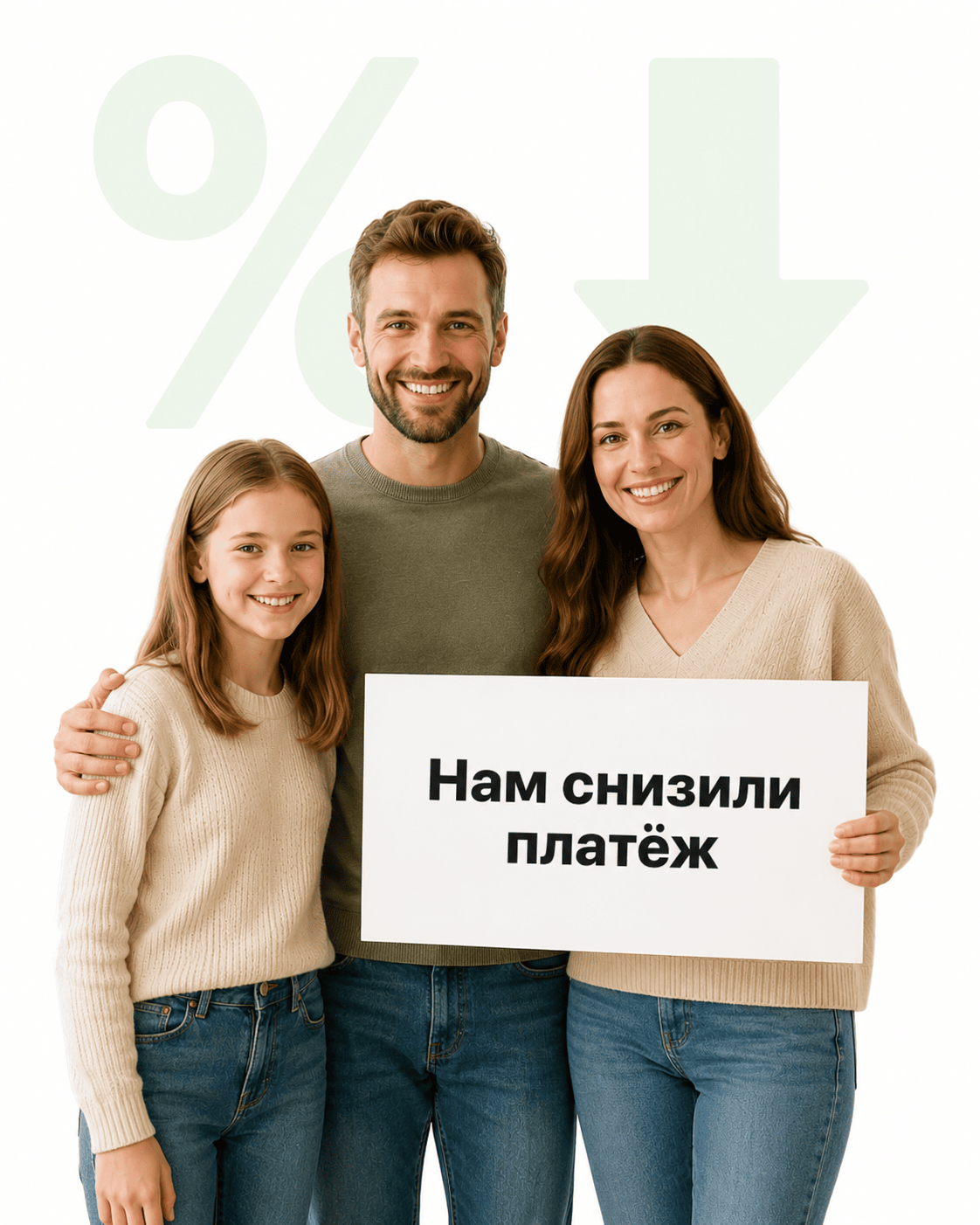 Семья показывает табличку о снижении платежа